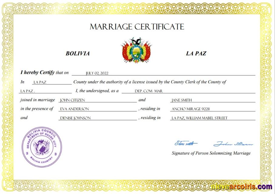 Bolivia marriage certificate